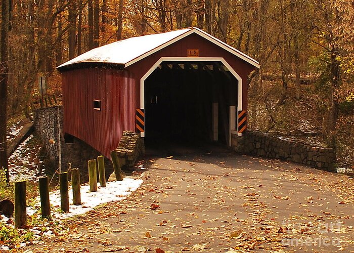 Snow Greeting Card featuring the photograph Early Snowfall On Wooden Covered Bridge by Bob Sample