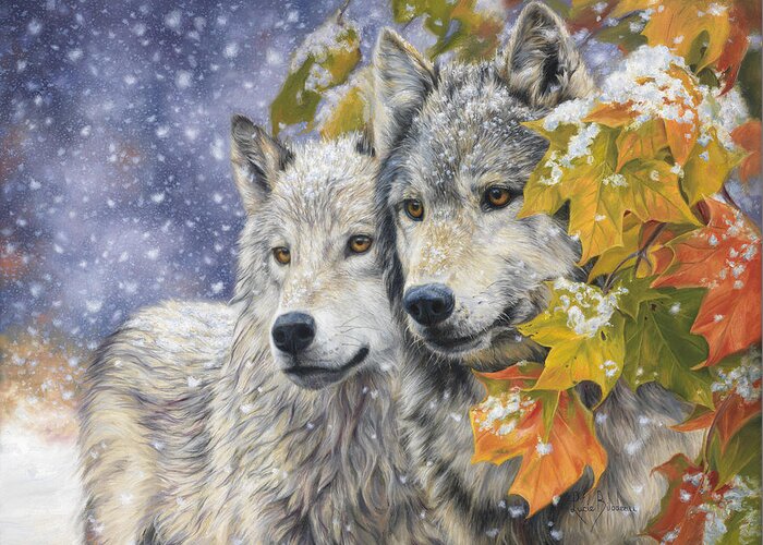 Wolf Greeting Card featuring the painting Early Snowfall by Lucie Bilodeau