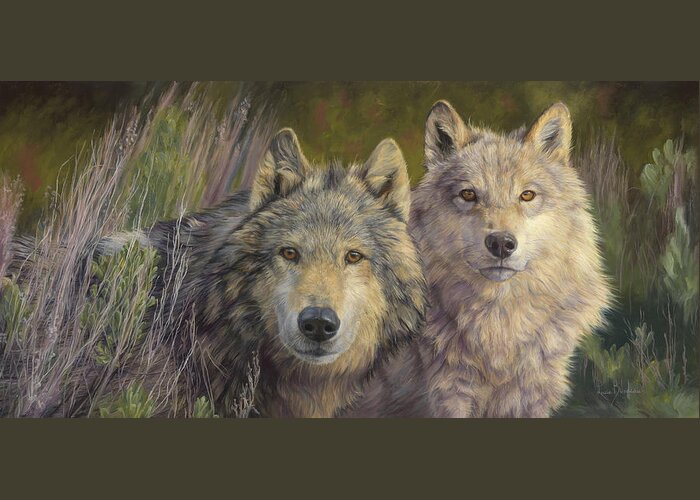 Wolf Greeting Card featuring the painting Earth Spirits by Lucie Bilodeau