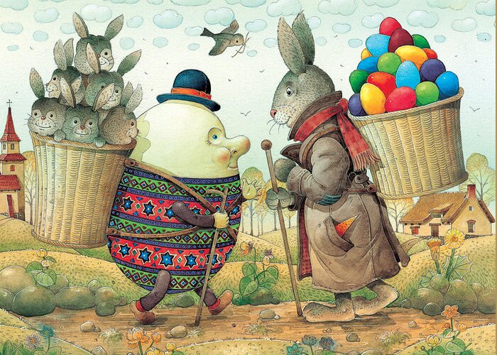 Easter Eggs Rabbit Spring Green Landscape Greeting Card featuring the painting Eastereggs 03 by Kestutis Kasparavicius