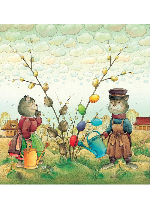 Easter Eggs Green Spring Cats Landscape Greeting Card featuring the painting Eastereggs 05 by Kestutis Kasparavicius