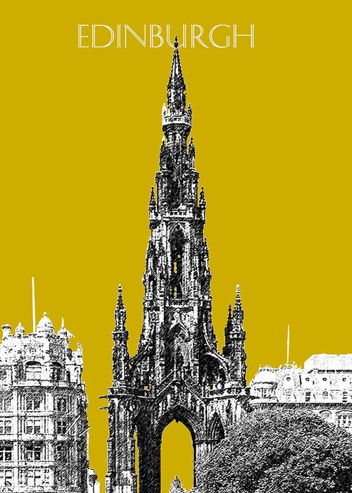 Architecture Greeting Card featuring the digital art Edinburgh Skyline Scott Monument - Gold by DB Artist