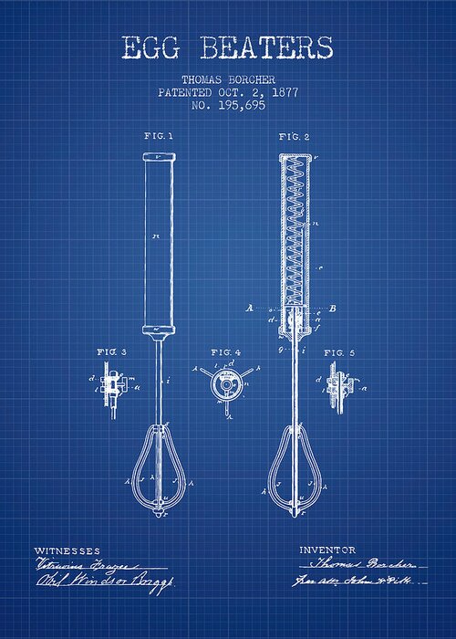 Egg Beater Greeting Card featuring the digital art Egg Beaters patent from 1877 - Blueprint by Aged Pixel