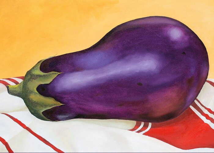 Kitchen Greeting Card featuring the painting Eggplant on Dish Cloth by Donna Tucker