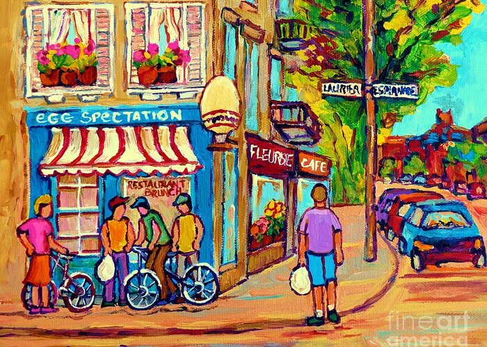 Eggspectation Cafe On Esplanade Greeting Card featuring the painting Eggspectations Restaurant Montreal Paintings Rue Laurier City Scenes Carole Spandau by Carole Spandau