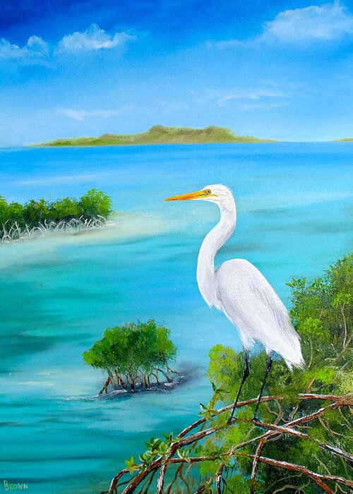 Egrets Greeting Card featuring the painting Egret in the Mangroves by Kevin Brown