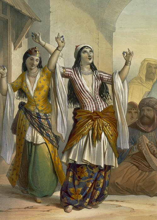 Print Greeting Card featuring the drawing Egyptian Dancing Girls Performing by Emile Prisse d'Avennes