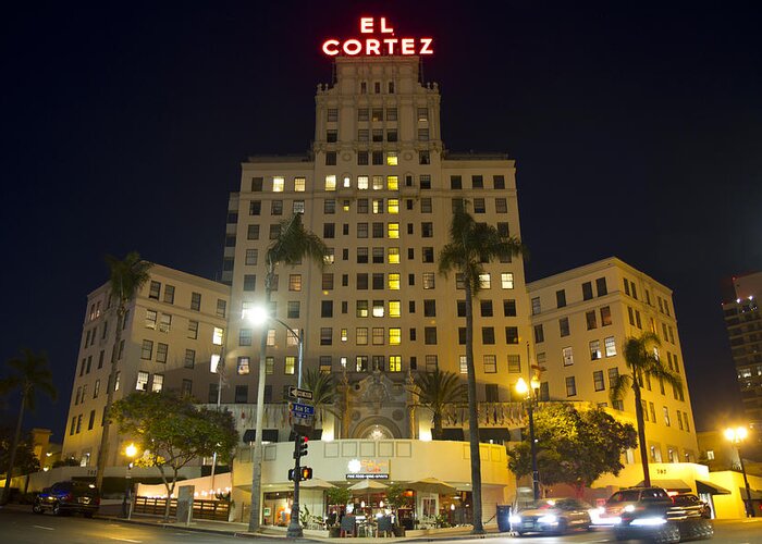 El Cortez Hotel Greeting Card featuring the photograph El Cortez Hotel at night by Nathan Rupert
