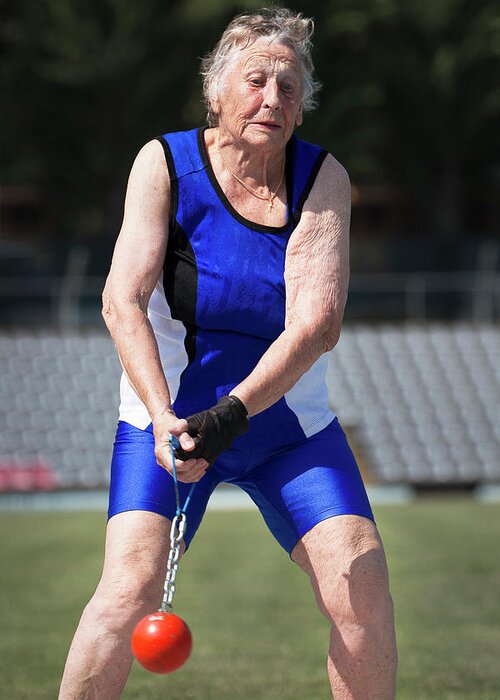 One Person Greeting Card featuring the photograph Elderly Woman Competitive Weights Thrower by Alex Rotas