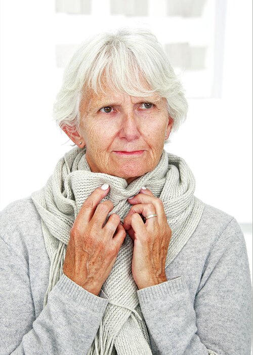 Woman Greeting Card featuring the photograph Elderly Woman Wearing A Scarf by Lea Paterson