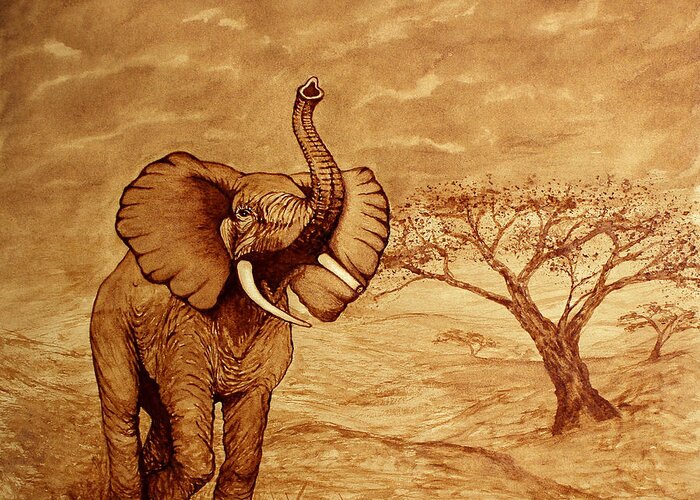 Elephant Greeting Card featuring the painting Elephant Majesty original coffee painting by Georgeta Blanaru