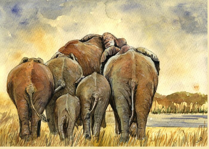 Herd Greeting Card featuring the painting Elephants herd by Juan Bosco