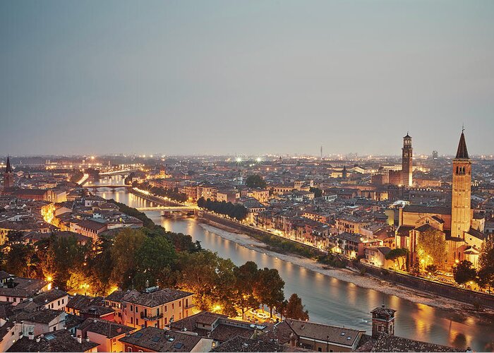 Tranquility Greeting Card featuring the photograph Elevated View Of Verona, Italy, At Dusk by Gu