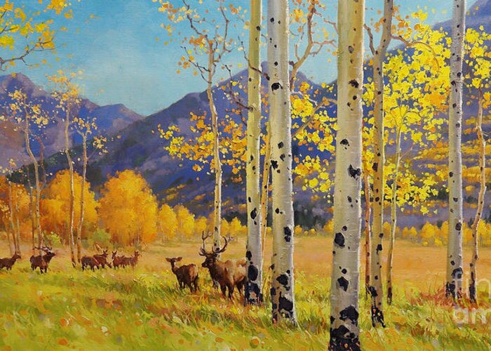 Elk Herd Greeting Card featuring the painting Elk Herd In Aspen Grove by Gary Kim