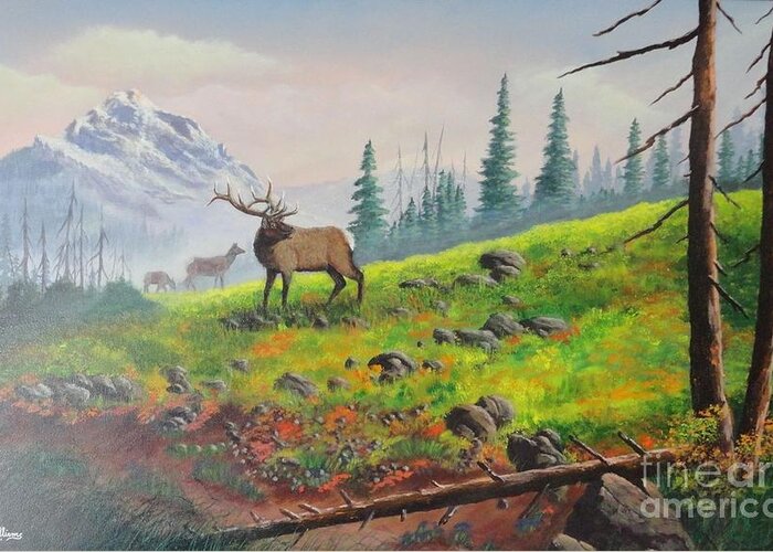 Wildlife Art Greeting Card featuring the painting Elk in the Mist by Bob Williams