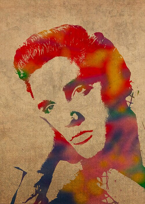 Elvis Presley Watercolor Portrait On Worn Distressed Canvas Greeting Card featuring the mixed media Elvis Presley Watercolor Portrait on Worn Distressed Canvas by Design Turnpike