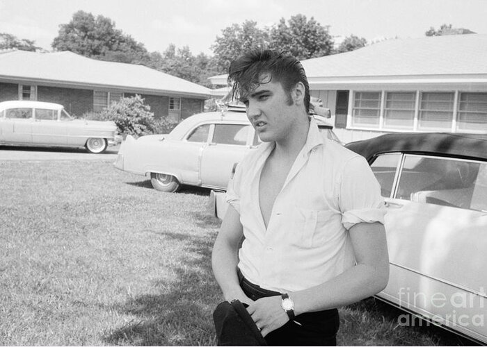 Elvis Presley Greeting Card featuring the photograph Elvis Presley with his Cadillacs by The Harrington Collection