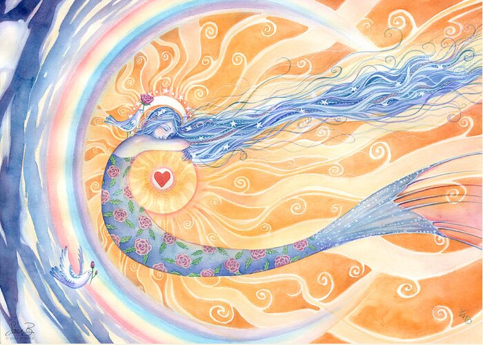 Mermaid Greeting Card featuring the painting Embracing Love by Sara Burrier