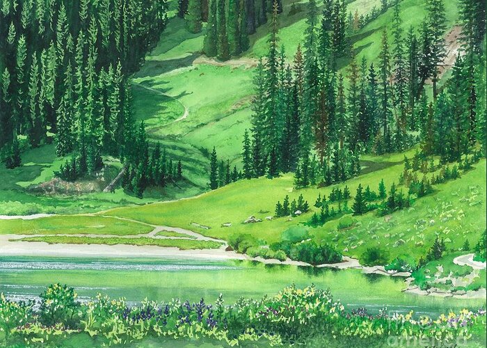 Water Color Trees Greeting Card featuring the painting Emerald Lake by Barbara Jewell