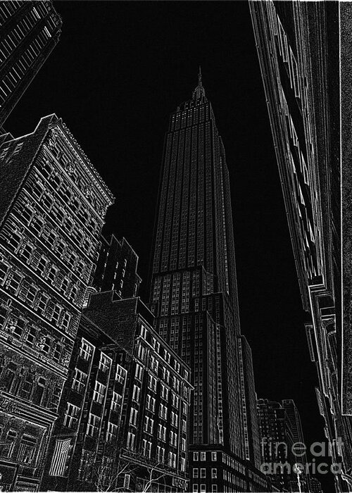 Empire State Building Greeting Card featuring the digital art Empire NYC white on black by Meandering Photography