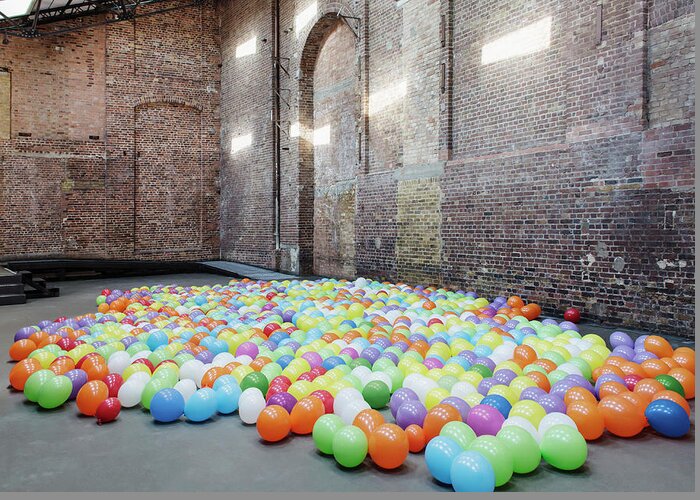 Empty Greeting Card featuring the photograph Empty Warehouse With Colourful Balloons by Anthony Harvie