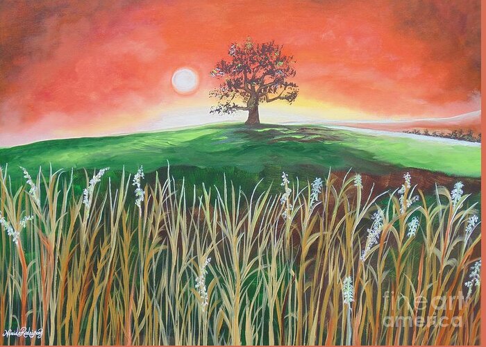 Plains Greeting Card featuring the painting Up in the sycamore tree I saw him by Nereida Rodriguez