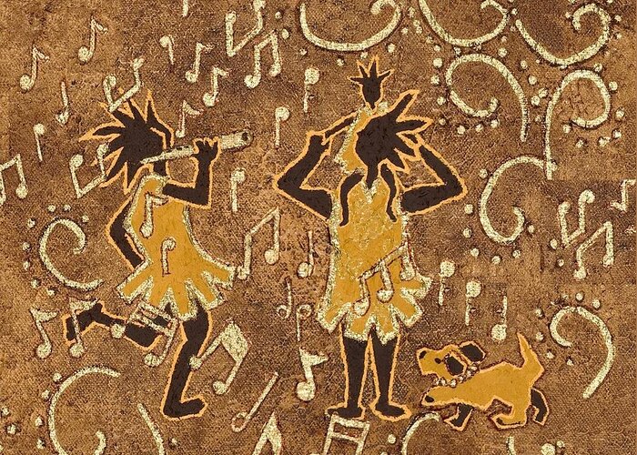 Kokopelli Greeting Card featuring the painting Enjoying the Music by Katherine Young-Beck