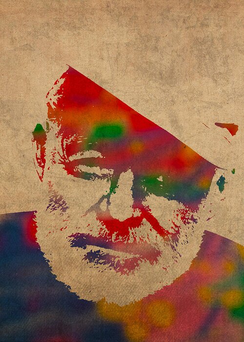 Ernest Hemingway Watercolor Portrait On Worn Distressed Canvas Greeting Card featuring the mixed media Ernest Hemingway Watercolor Portrait on Worn Distressed Canvas by Design Turnpike