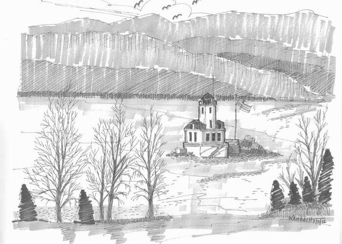 Lighthouse Greeting Card featuring the drawing Esopus Lighthouse by Richard Wambach