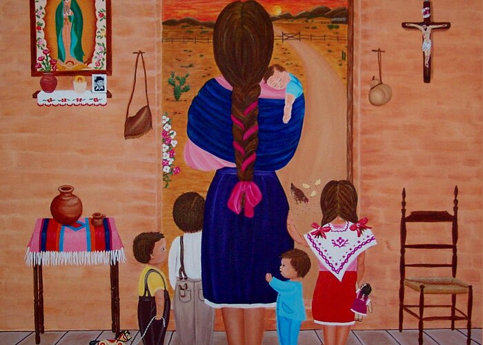 Mother And Children Greeting Card featuring the painting Esperando a Papa by Evangelina Portillo