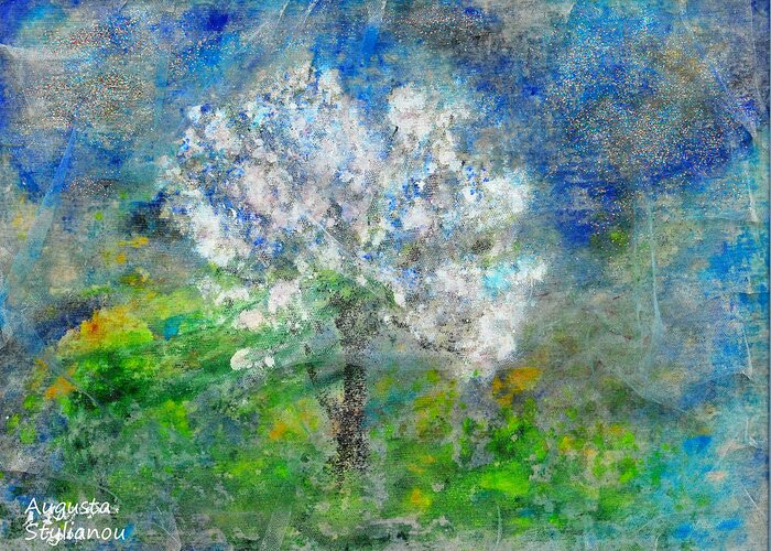 Augusta Stylianou Greeting Card featuring the painting Ethereal Almond Tree by Augusta Stylianou
