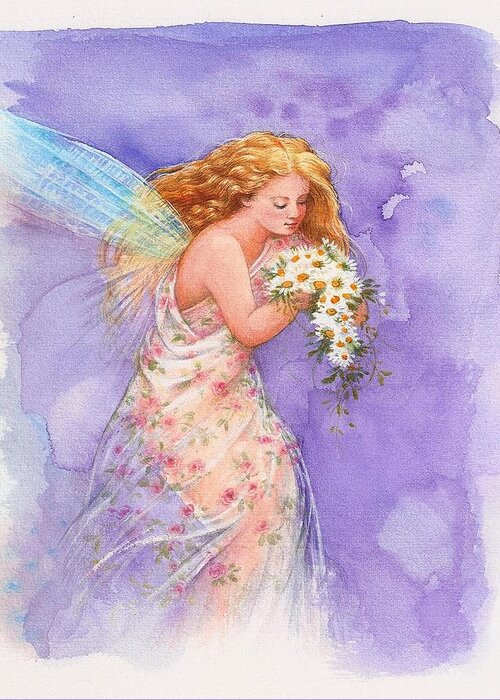 Enchantment Greeting Card featuring the painting Ethereal Daisy Flower Fairy by Judith Cheng