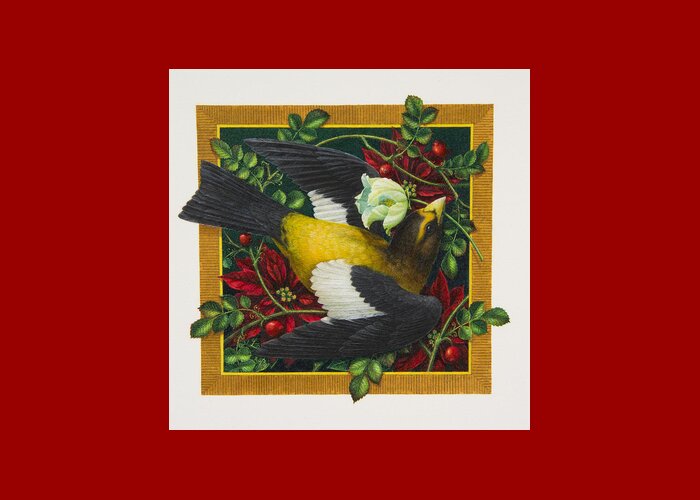 Christmas Greeting Card featuring the painting Evening Grosbeak by Lynn Bywaters