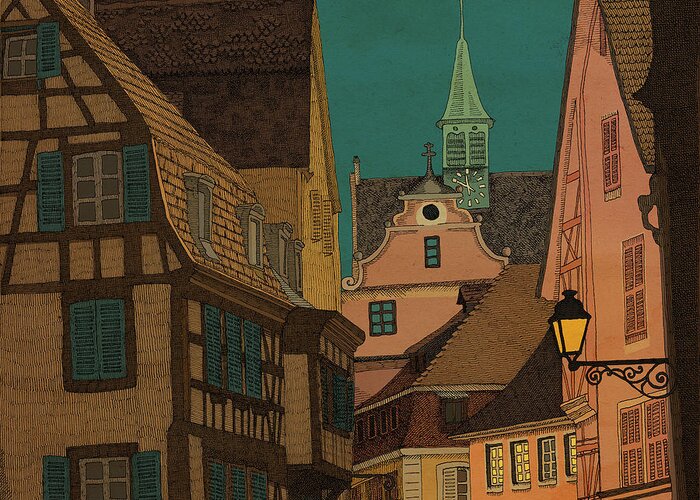 Alsace Village Town Architecture Greeting Card featuring the drawing Evening by Meg Shearer