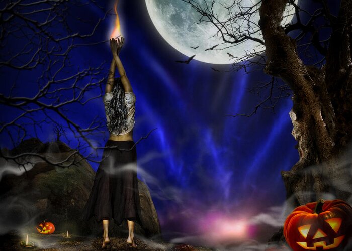 Halloween Greeting Card featuring the digital art Evocation in Halloween Night by Alessandro Della Pietra