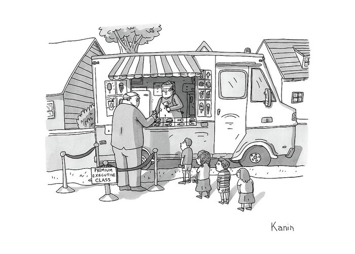 Premium Executive Class Greeting Card featuring the drawing Exec Cuts Children In Line For Ice Cream by Zachary Kanin