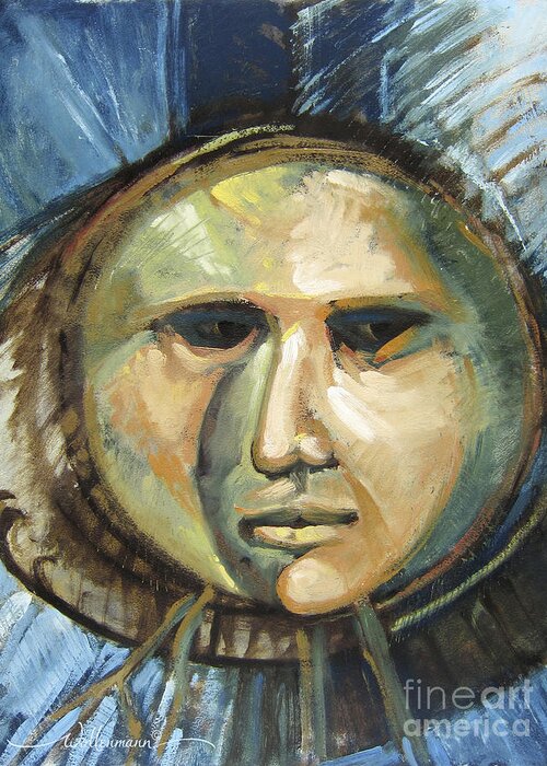 Mask Greeting Card featuring the painting Faced With Blue by Randy Wollenmann