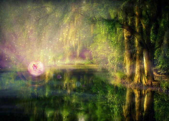 Fairy Greeting Card featuring the digital art Fairy in Pink bubble in Serenity Forest by Lilia D