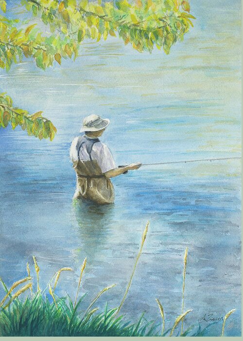 Fishing Greeting Card featuring the painting Fall Fisher by Arthur Fix