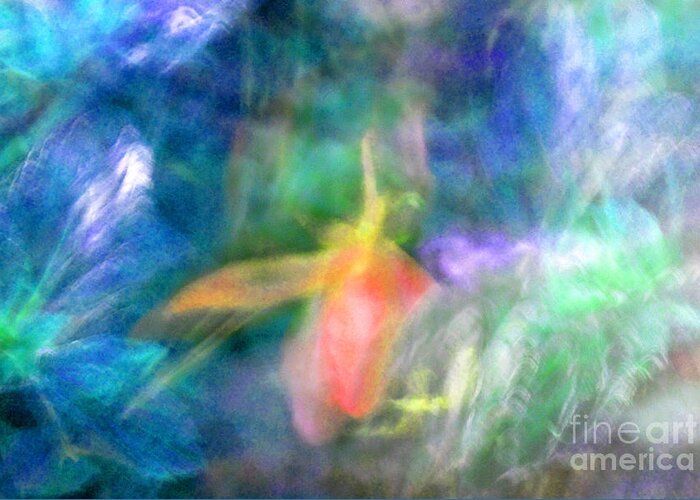 Abstract Greeting Card featuring the photograph Falling Petal Abstract Blue Green Pink B by Heather Kirk
