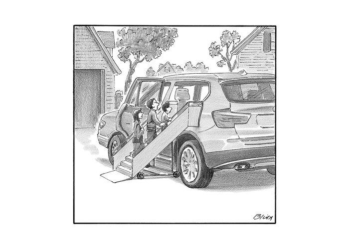 Captionless Greeting Card featuring the drawing Family Entering Their Suv With The Aid Of A Large by Harry Bliss
