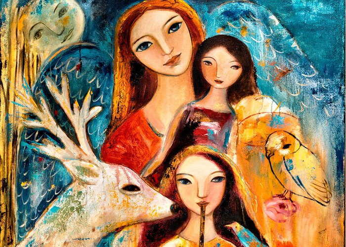 Mother And Child Greeting Card featuring the painting Family with Reindeer by Shijun Munns