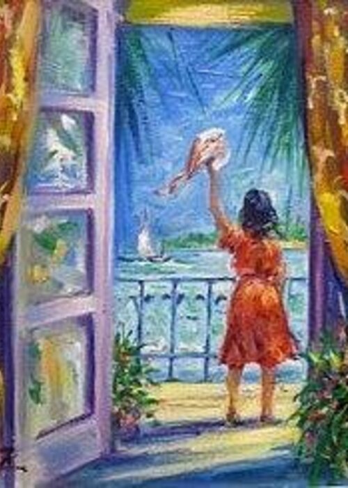 Interior View From Balcony Of The Sea Greeting Card featuring the painting Farewell by Philip Corley