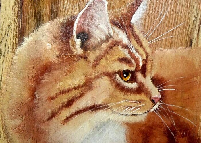 Cat Greeting Card featuring the painting Farm Cat on Rustic wood by Debbie LaFrance