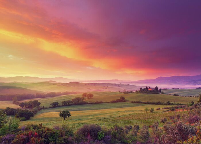 Scenics Greeting Card featuring the photograph Farm In Tuscany At Dawn by Mammuth
