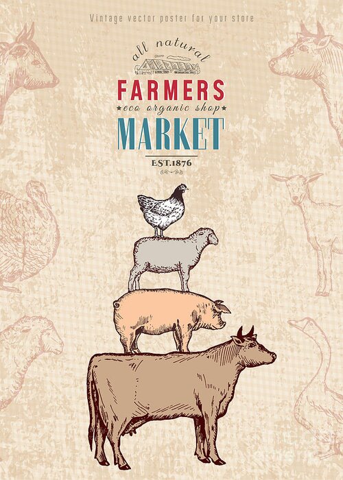 Farmers Market Greeting Card featuring the digital art Farm Shop Vintage Poster Retro Butcher by Intueri