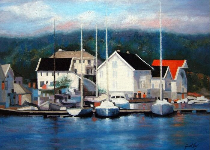Seascape Greeting Card featuring the painting Farsund Dock Scene Painting by Janet King