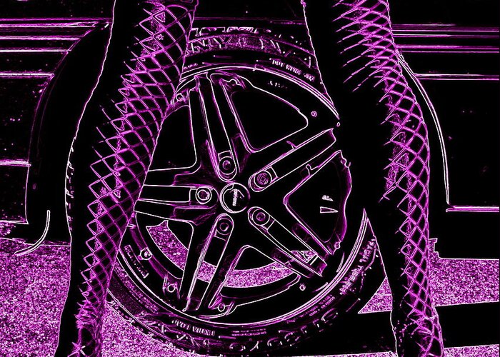 Legs Car Wheel Stockings Fishnet Purple Hot Babe Sexy Lace Nylon Fetish Feet Glamour Speed V8 Holden Momo Neon Girl Greeting Card featuring the photograph Faster in fishnets by Guy Pettingell