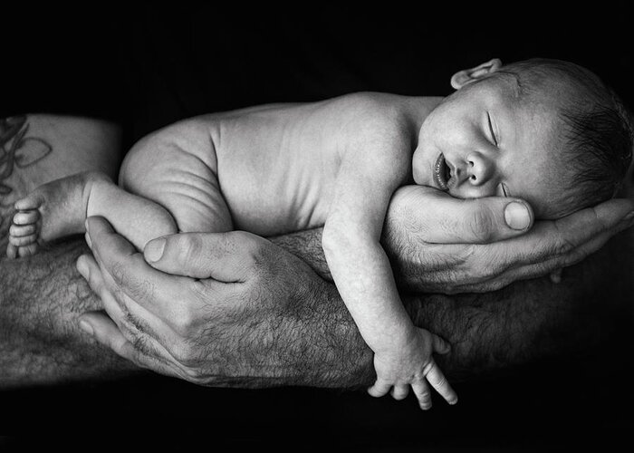 Human Arm Greeting Card featuring the photograph Father Holding Newborn Baby by Lise Gagne