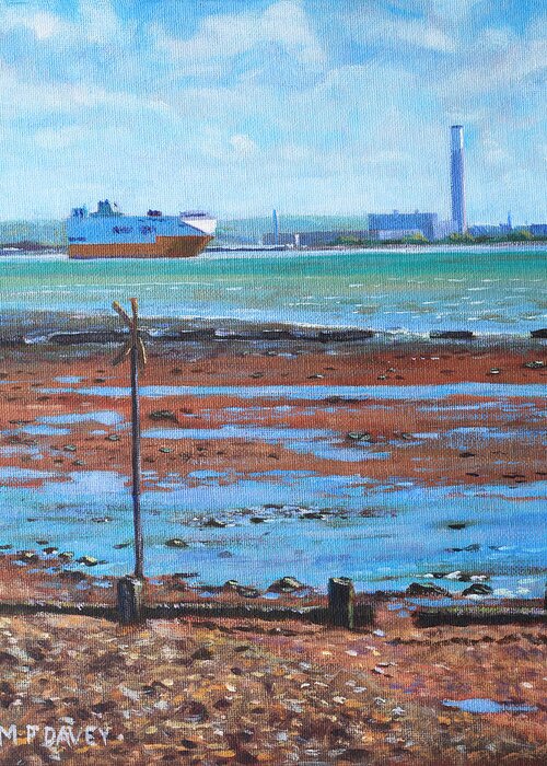 Seashore Greeting Card featuring the painting Fawley power station from Weston Shore Hampshire by Martin Davey